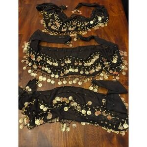 Belly Dance Coin Hip Scarf‎ Set of 3 Black Gold Beaded Performance Costume